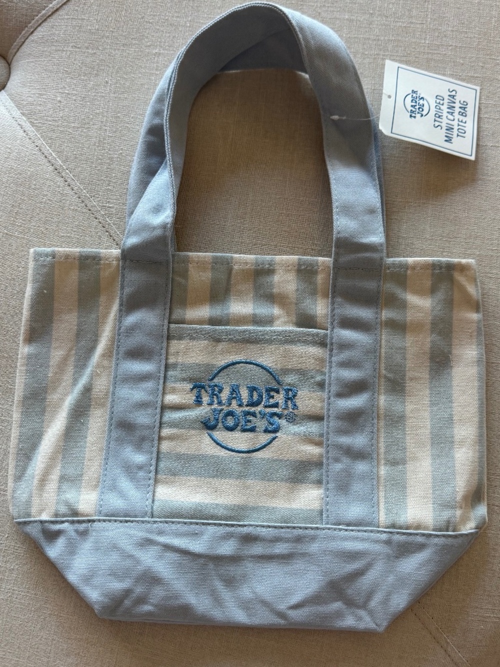 Trader Joe's Mini Tote Bag in Light Blue and White Stripe-NWT